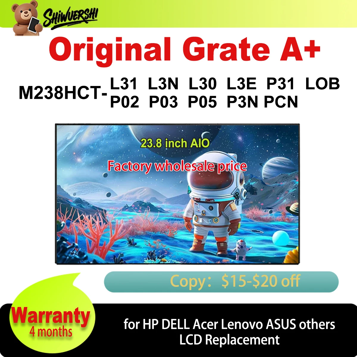 

Original New Monitor M238HCT L31 L3N L30 L3E P31 LOBP02 P03 P05 P3N PCN 23.8 inch FHD Lcd Screen Replacement