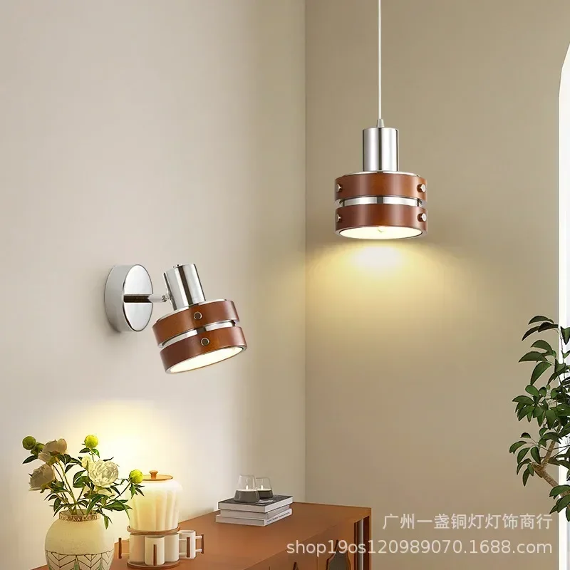 

French small wall lamp medieval solid wood walnut color wind bedroom bedside lamp punk wind background wall decorative lamp