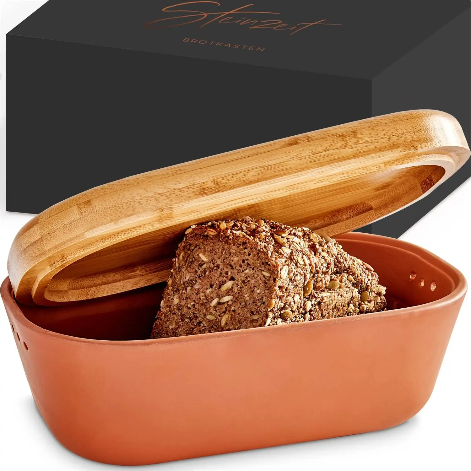 Breathable Terracotta Bread Box (9.8x5.1x3.9 inches) - Keeps Bread Fresh Longer for Kitchen Countertop