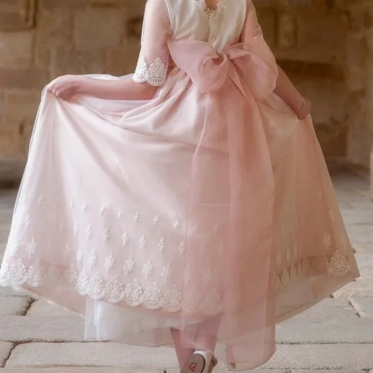 FATAPAESE – robe princesse Vintage en dentelle, rose, pour demoiselle d'honneur, tenue de cérémonie de mariage, ligne blanche, ruban Floral, ceinture