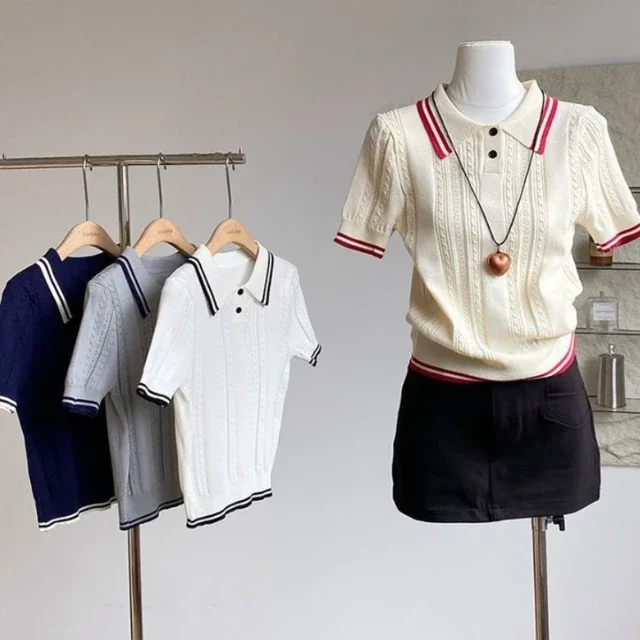 2025Ropa Mujer Gestrickte Frau T-shirts Adrette Sommer Tees Lose Beiläufige Camisetas Vintage Chic Koreanische T-shirt Frauen Kleidung