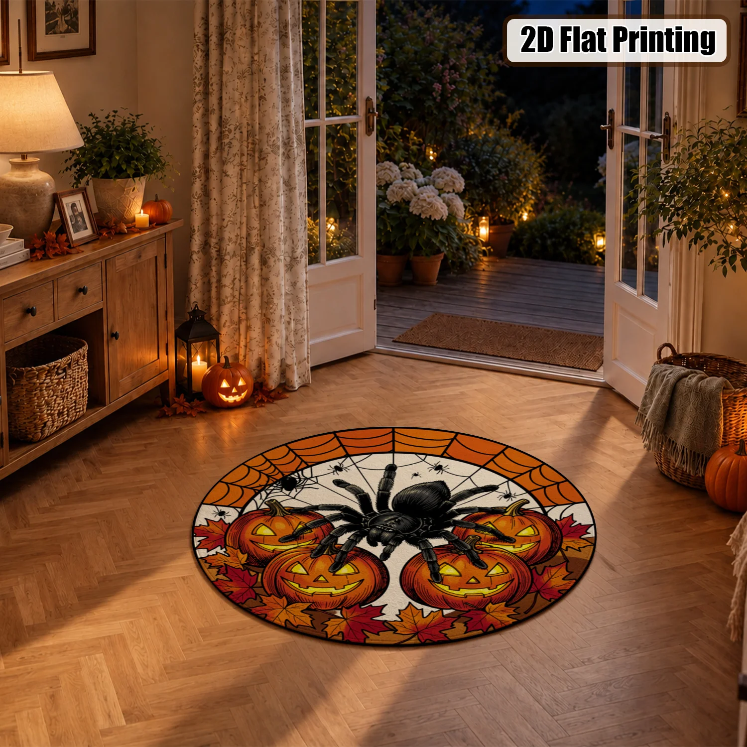 Circular Spider Jack-O-Lantern Pattern Doormat, Velvet, Machine Washable, Great for Entryway, Living Room, Patio Spaces, Perfect for Halloween, Thanksgiving, Christmas, New Year Decor