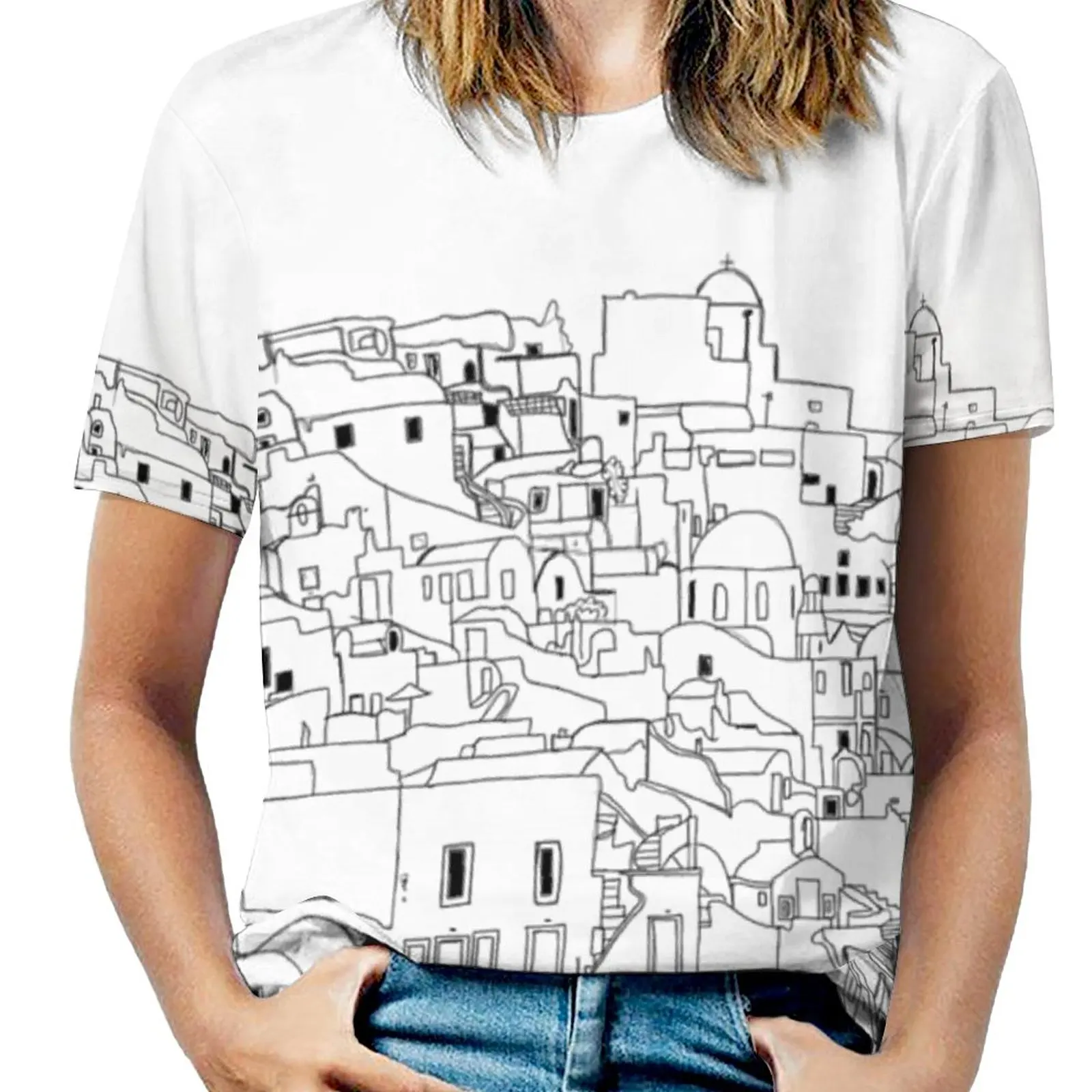 Santorini Black White Greece Greek Art Woman'S T-Shirt Spring And Summer Printed T Shirts Crew Neck Pullover Top Greece