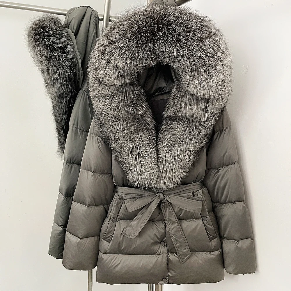 OFTBUY Fluffy Jacket Women White Goose Down Coat 2025 Fashion New Real Fox Fur Winter Mid-length Style Female Thick Warm Coat