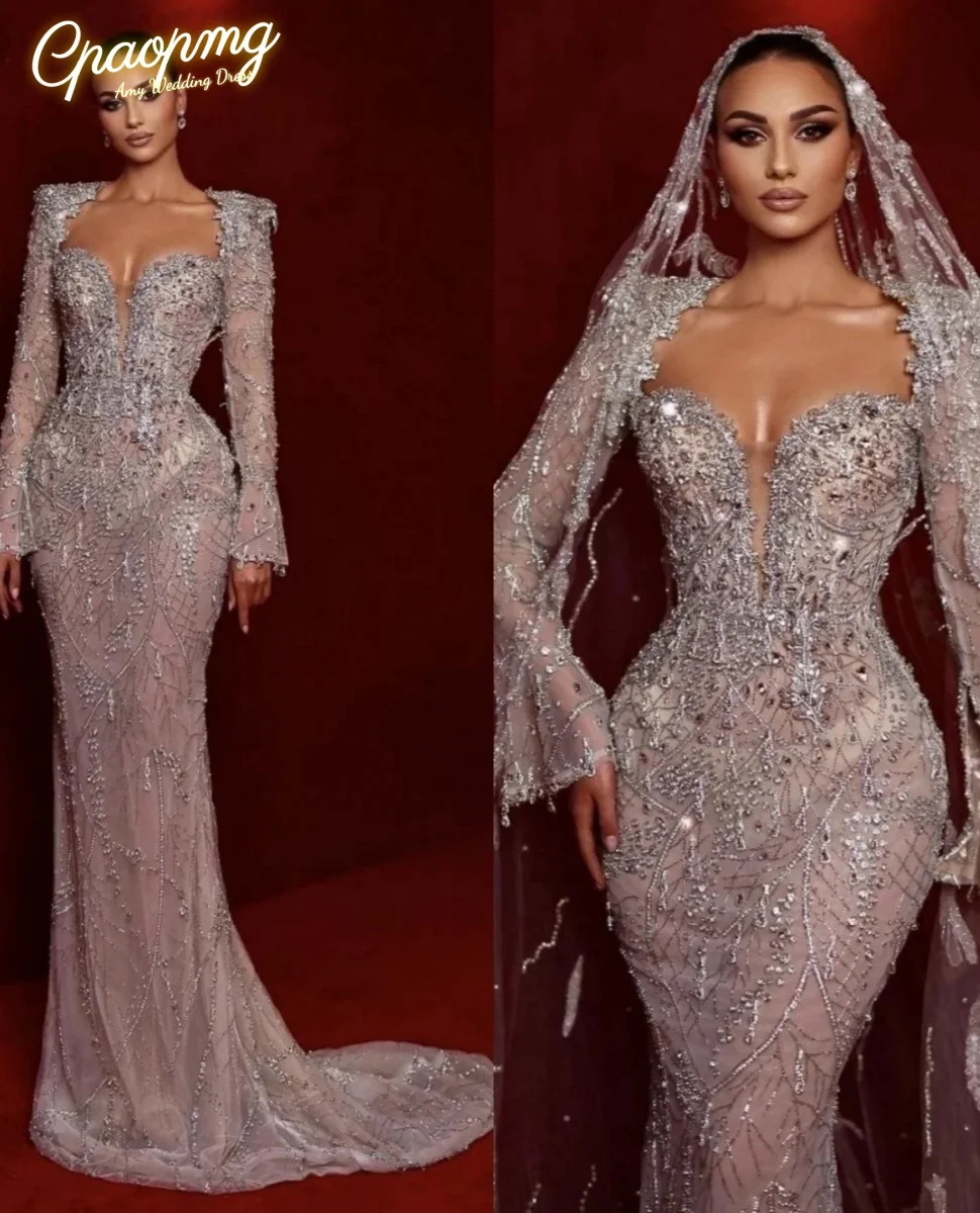 Customized Luxury Mermaid Prom Dresses Full Sleeve V-Neck Floor-Length Appliques Sequined Bridal Gowns Plus Size Formal Occasion
