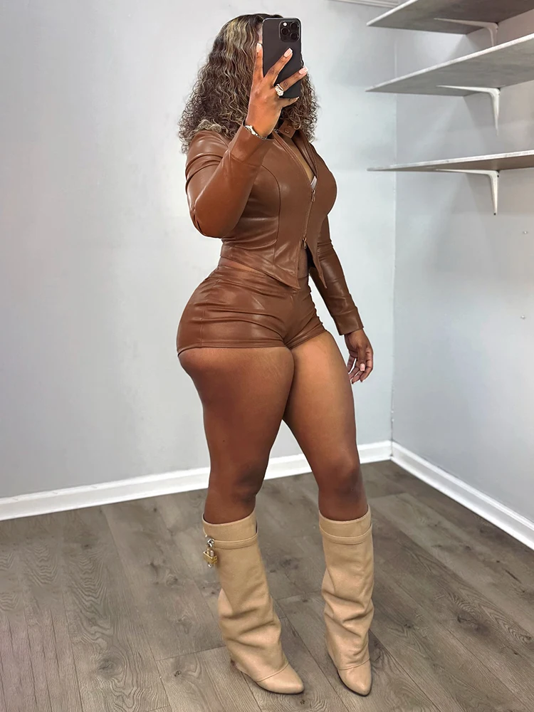 Kliou Ecopelle Set da 2 pezzi Donna Tendenza autunnale Doppia cerniera Design Giacca a maniche lunghe + Pantaloncini Hottie Abiti stile High Street