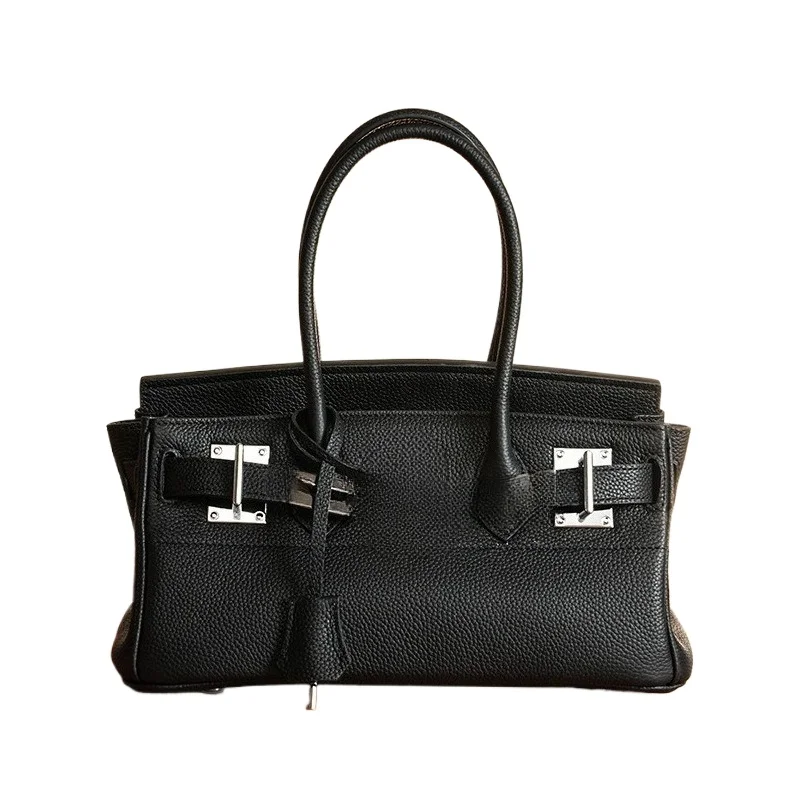 

High-Quality New Long-Style Genuine Leather Handbag with Silver Buckle for Women Top-Grain Cowhide Fashionable Luxury Handbag