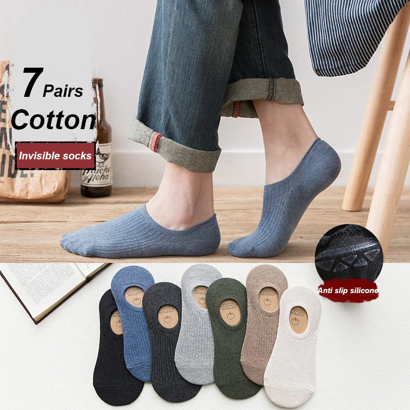 7 Pairs Men Cotton Invisible No Show Socks Non-slip Summer Candy Solid Low cut Sock Slipper Fashion Thin Ankle Boat Socks