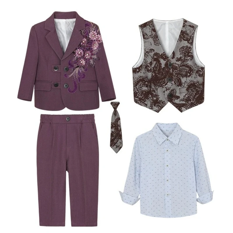 

Teen Kids Piano Performance Tuxedo Purple Elegance Dinner Formal Wear Flower Boy Birthday Wedding Party Outfit Boys Sequins Suit