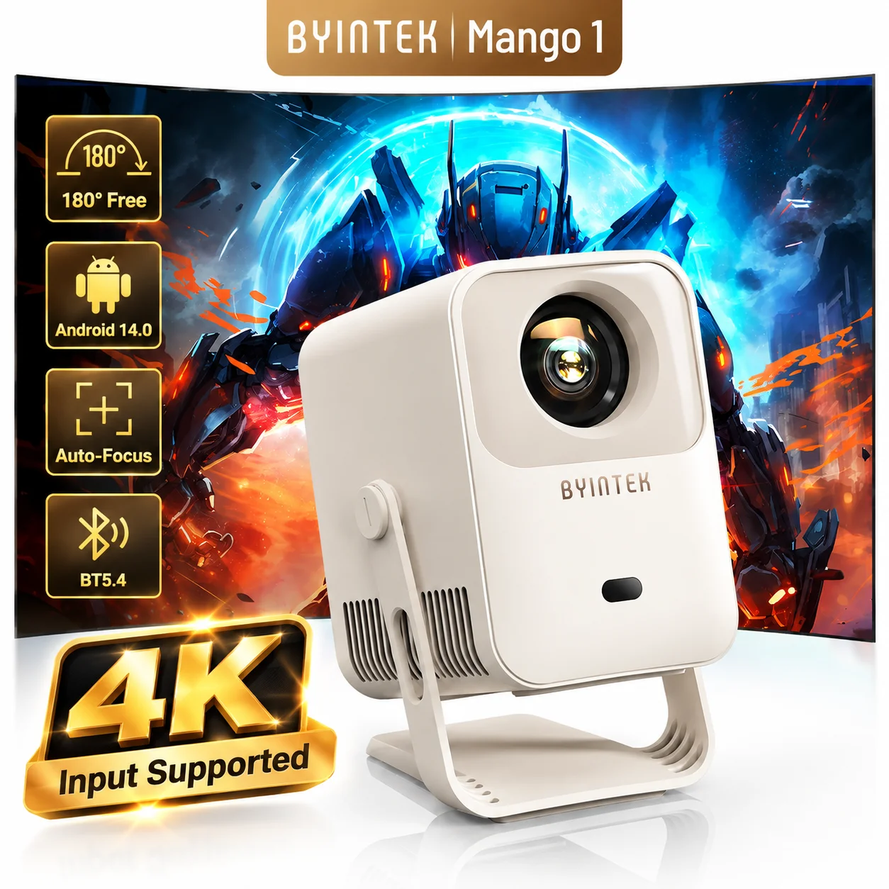 BYINTEK Mango1 Projector Compact LCD Home Cinema Projector Android 14 1G+8GB WiFi6 Auto Focus 150 Inch Screen Auto Vertical Keys