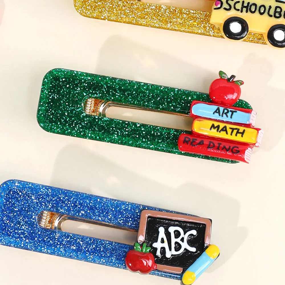 4PCS Shinng Back To School Hair Clip Cartoon School Bus Apple Hairpin Girls Sweet Side Barrettes Student School Hair Accessories