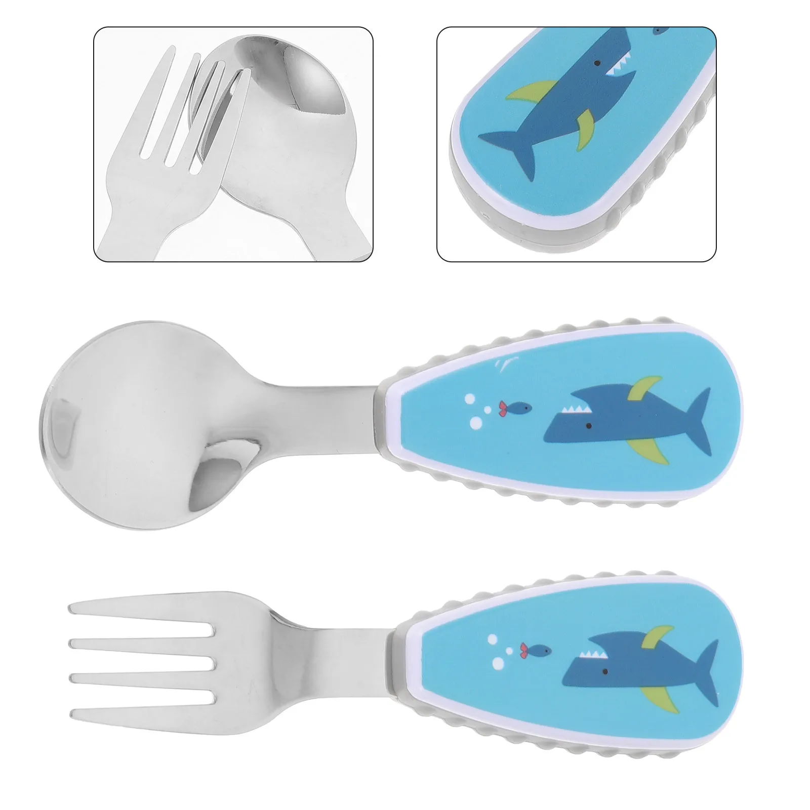 

1Set Baby Feeding Spoon Fork Set Short Handle Stainless Steel Plastic Cartoon Design -Feeding Tools