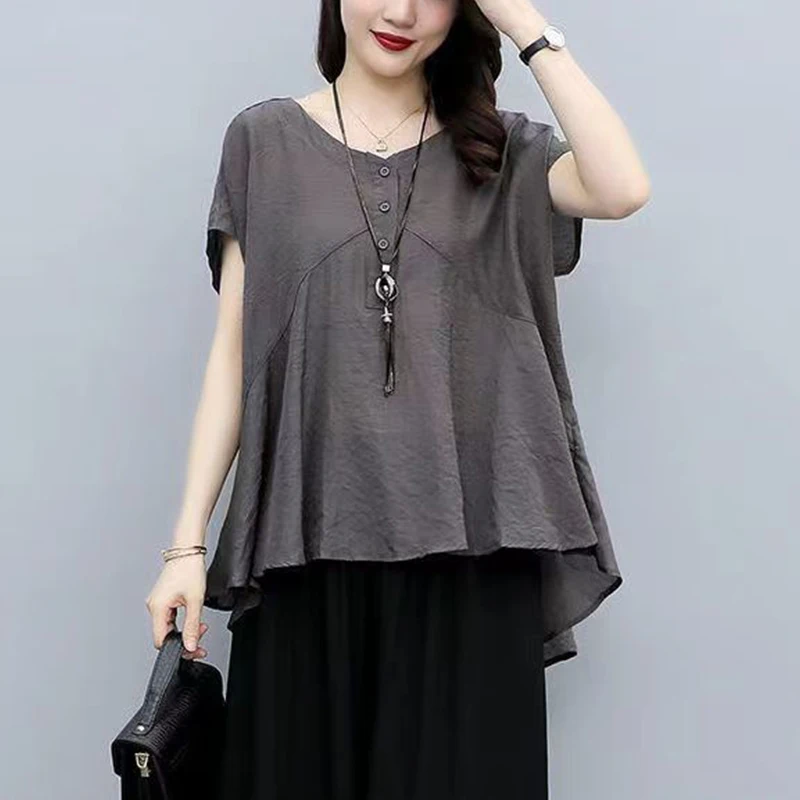 Summer New Fashion V-neck Loose Casual Spliced Shirt Ladies Short Sleeve Oversized Literary Vintage All-match Blouse Women's Top