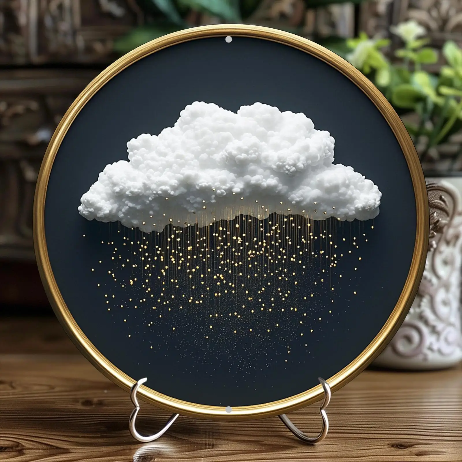 CIFBUY Modern Minimalist Gold Cloud & Raindrop Round Aluminum Wall Art, Waterproof Durable Metal Sign for Living Room Bedroom