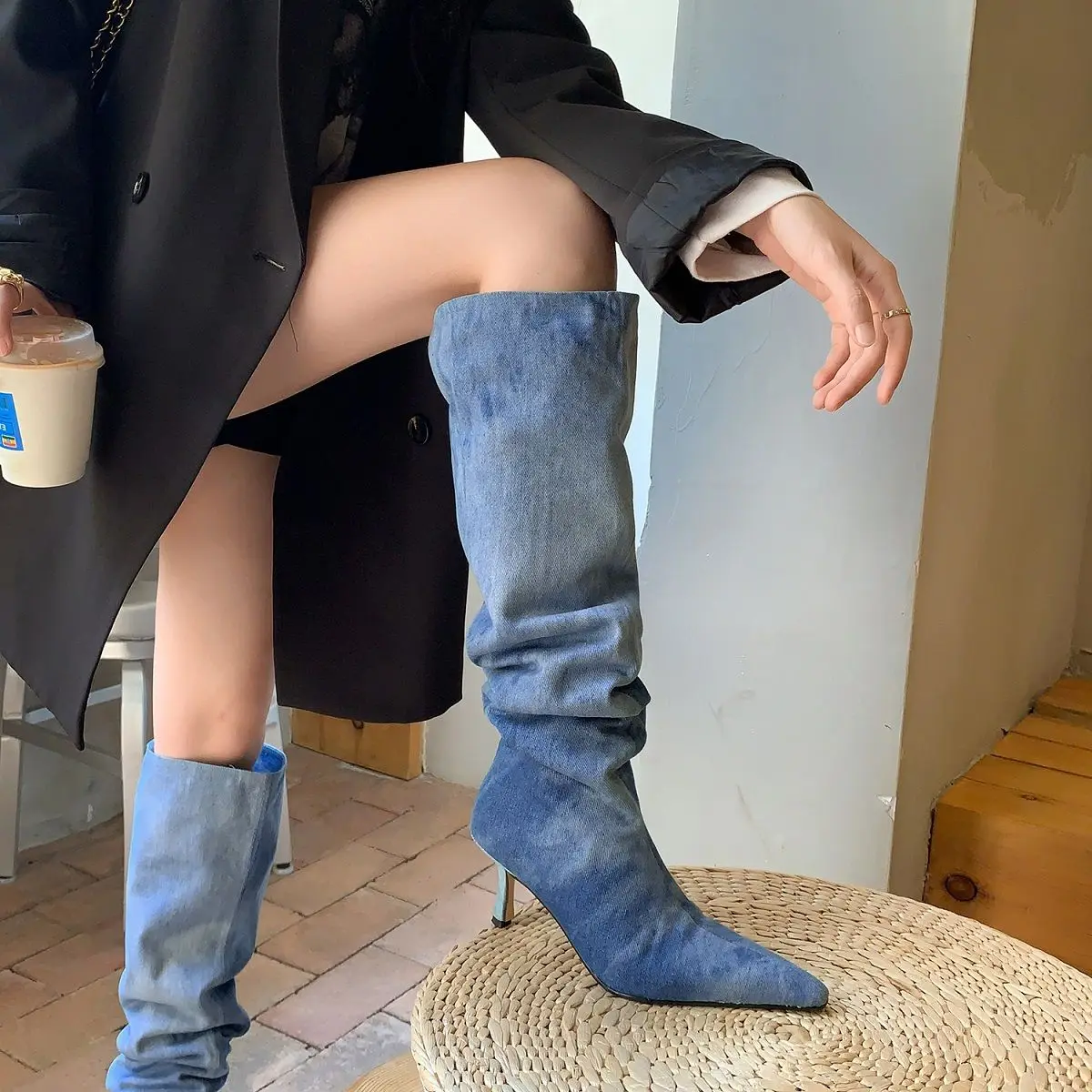 

Pleated Shoes Classic Denim Botas Hot Girls Over the Knee Boots Spring Autumn Woman Boots Big Girth Size 42 Slip On Kitten Heel