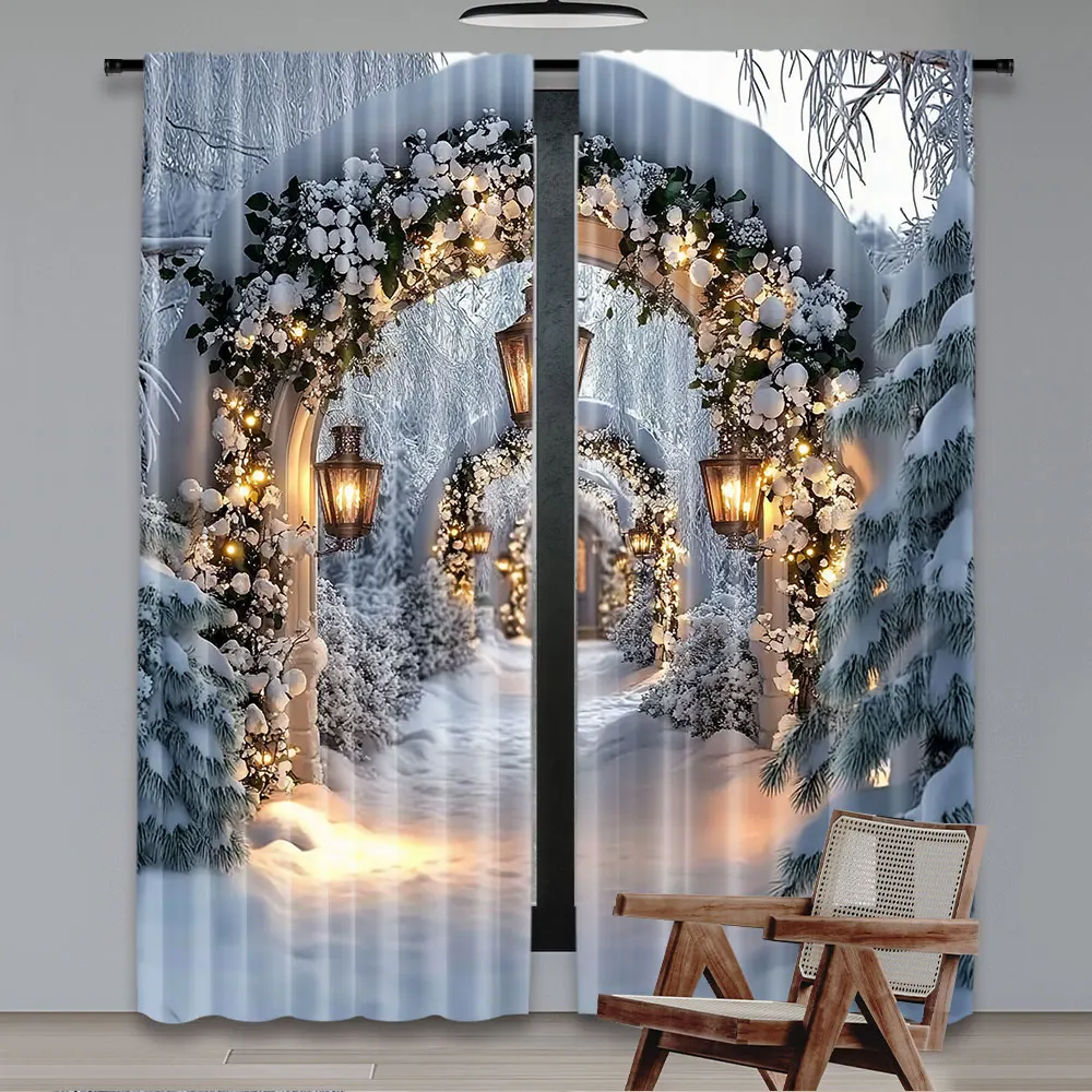 2Pcs Christmas Curtains Xmas Tree Christmas Arches Wall Corridor Large White Snow Scene Suitable For Bedroom Living Room Dining