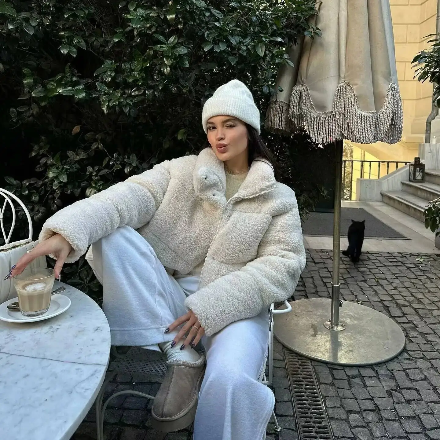 Women's Winter Thickened Artificial Lamb Fur Fleece Lined Cotton Jacket Warm Short Coat Long Sleeve Polo Collar Street Style