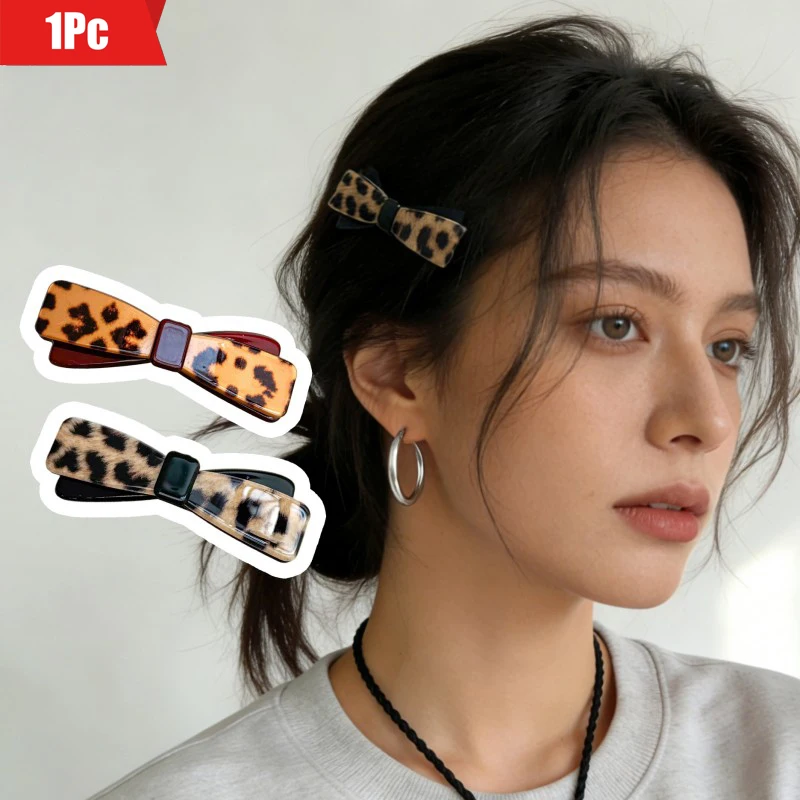

Marble & Leopard Print Flat Duckbill Clips, Bowknot Decor - Dopamine Acetate Hair Clips for Styling