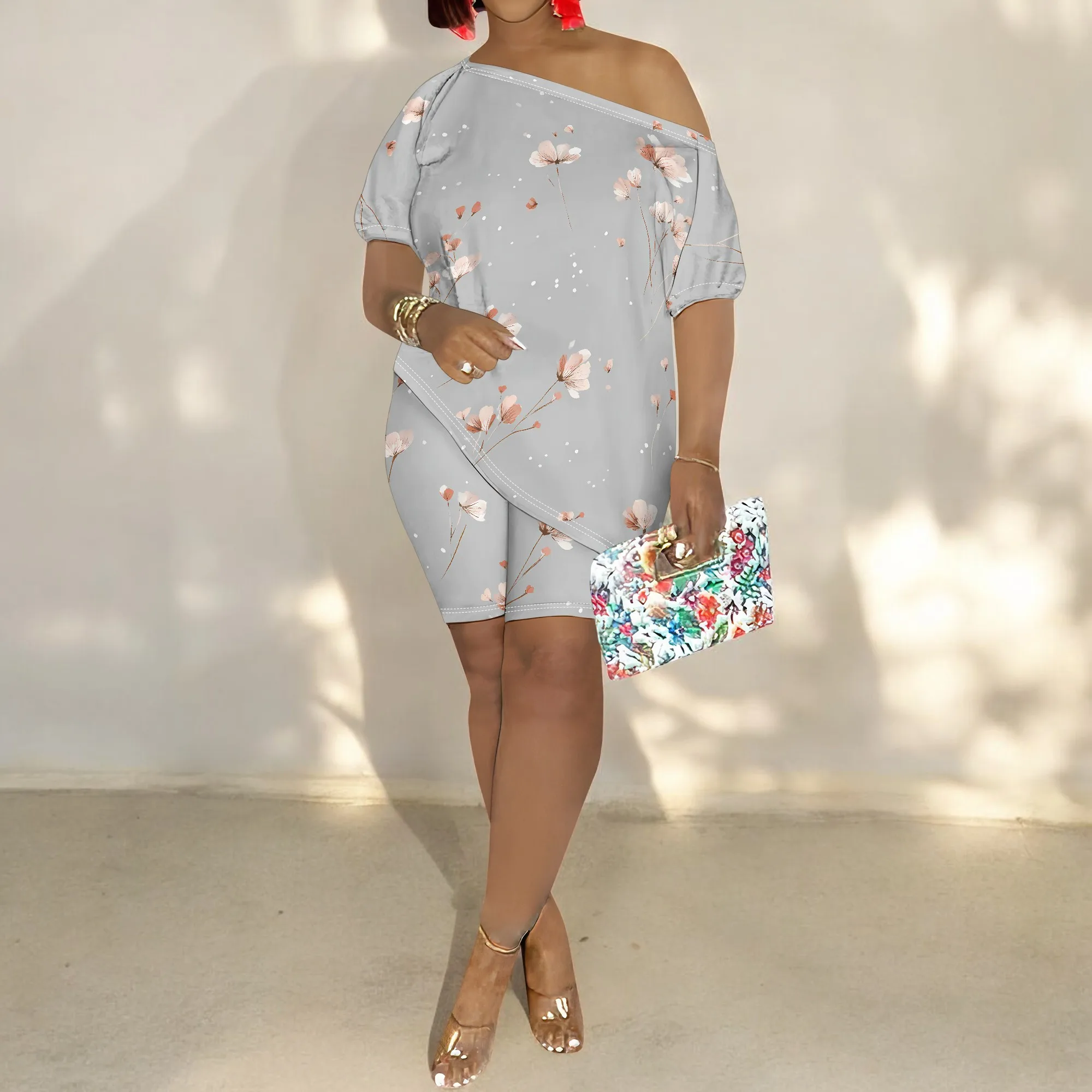 Floral Print Dress Set, Off Shoulder Top, Ruched Bodycon Skirt, Summer Party Outfit, Vacation Wear, S-2XL