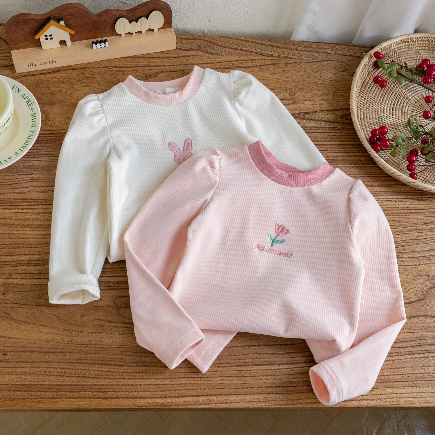 Girls Long Sleeve T-shirt 2024 Spring Autumn New Korean Western Versatile Toddler Girls Base Shirt Sweet Cute Embroidered Top