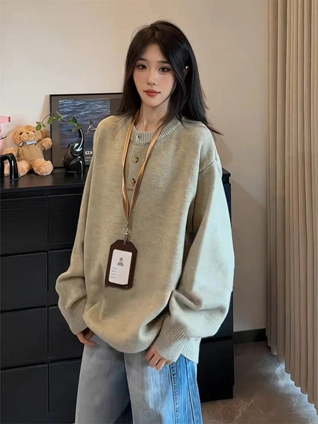 

Light ey Henry Collar Base irt Men Women Sle Knitted Sweater American Retro Lazy Sle Polyester Fiber Long Sve irt