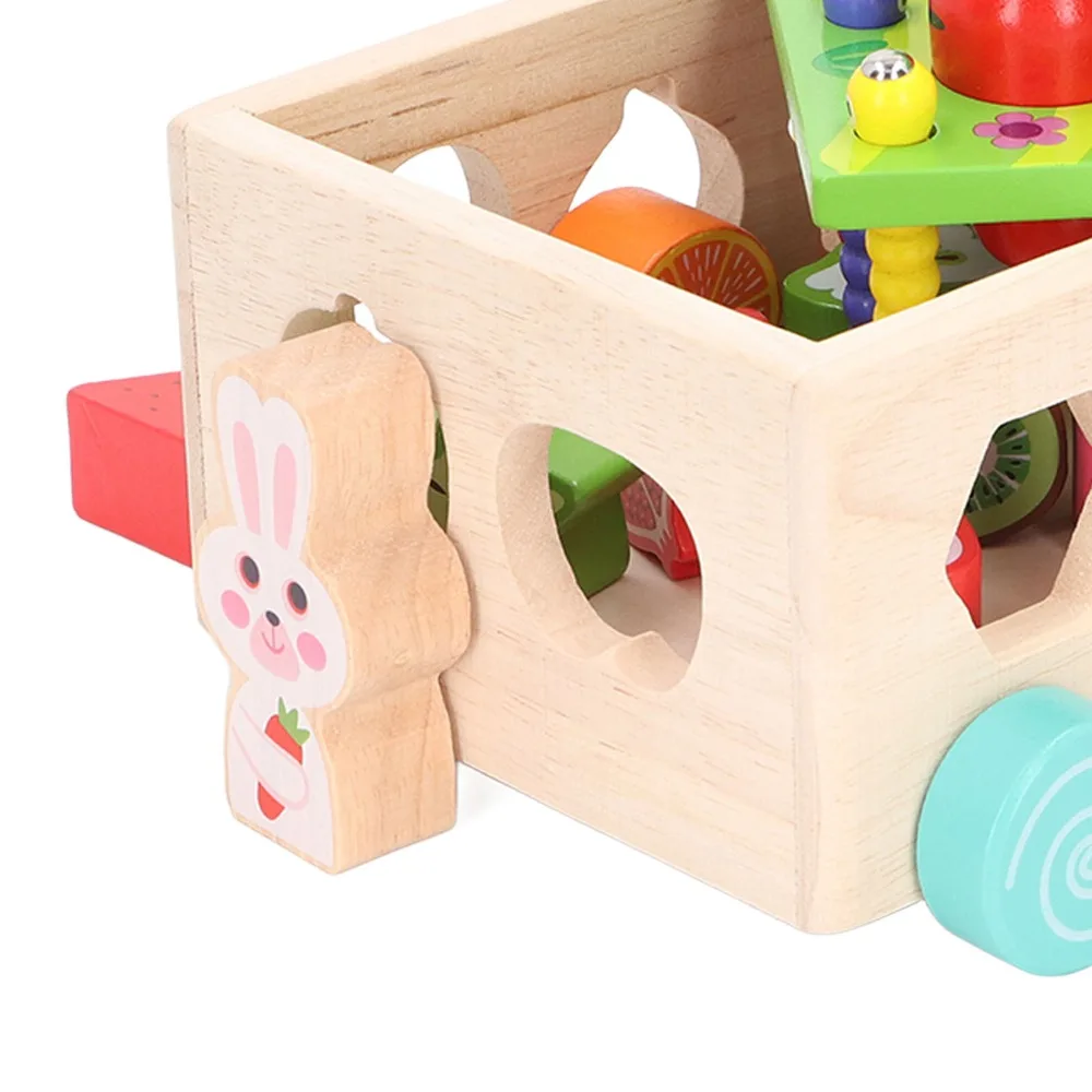 Educational Wooden Material Shape Sorting Multifunctional Car Puzzle Wooden Car Carrot Pull Montessori Orchard Shape