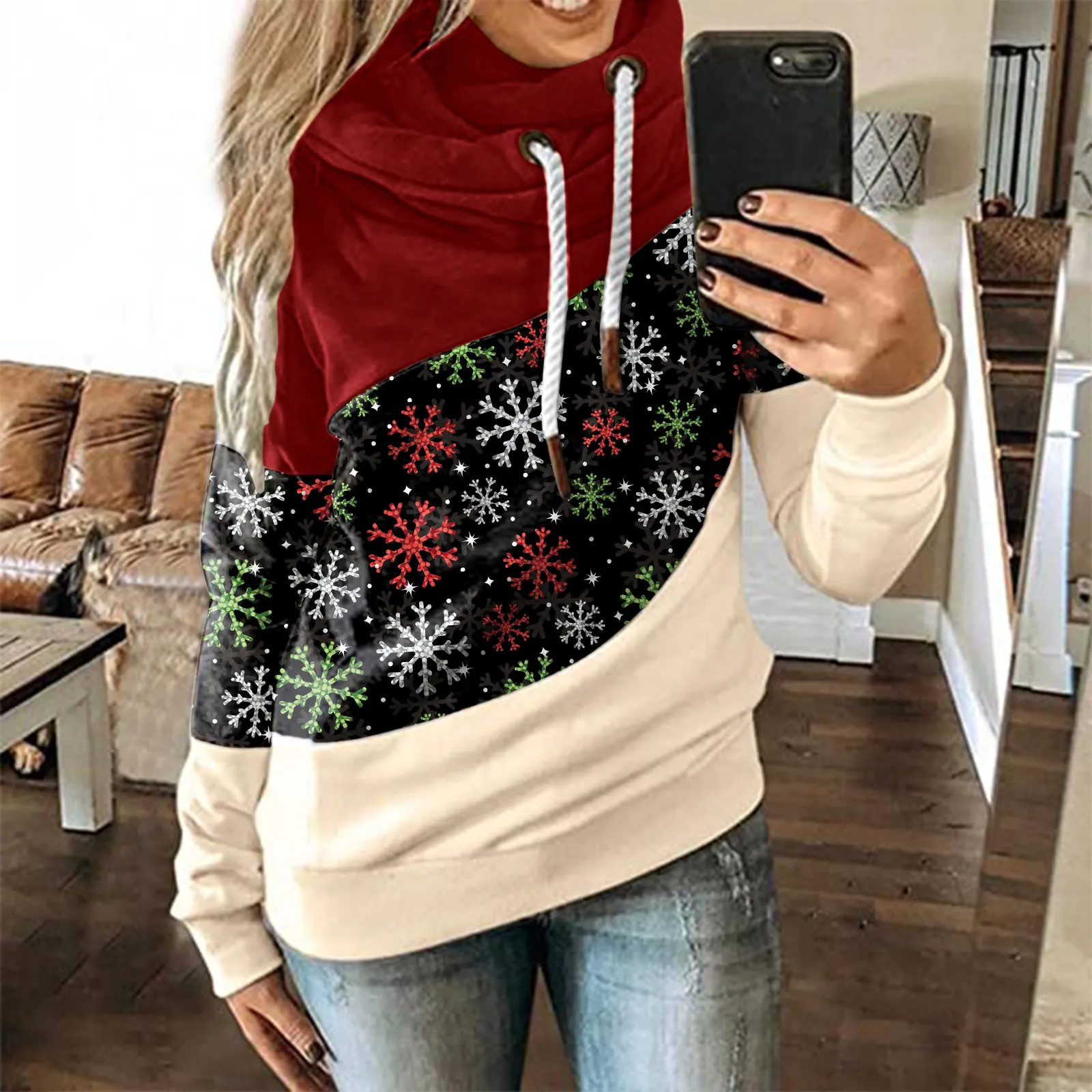 

Womens Thick Hoodie Sweatshirts Women O Neck Long-Sleeved Hoodie Christmas Print Splice Tether Top Shirt Hoodie Women