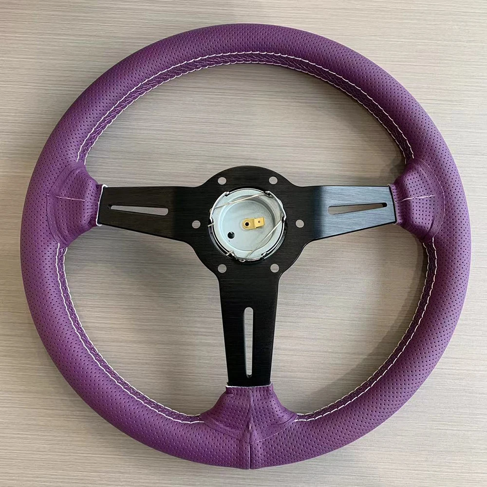 14inch 350mm Purple Perforated Leather Steering Wheel  Universal Racing Drifting Steering Wheel Black Spoke