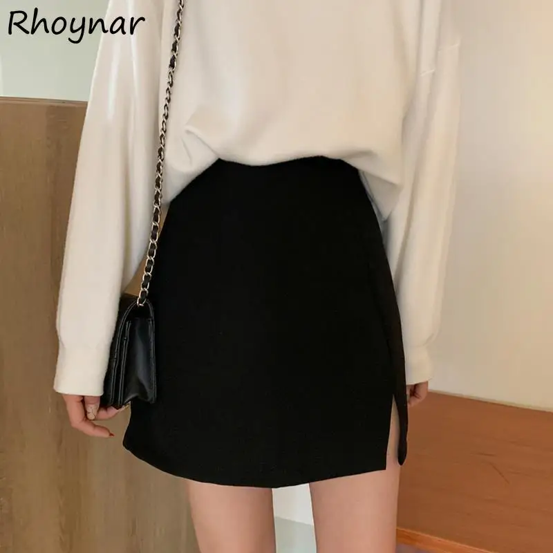 Skirts Women Side-slit Simple All-match Leisure College Daily Trendy Attractive Slimming Korean Spring Students Streetwear Chic