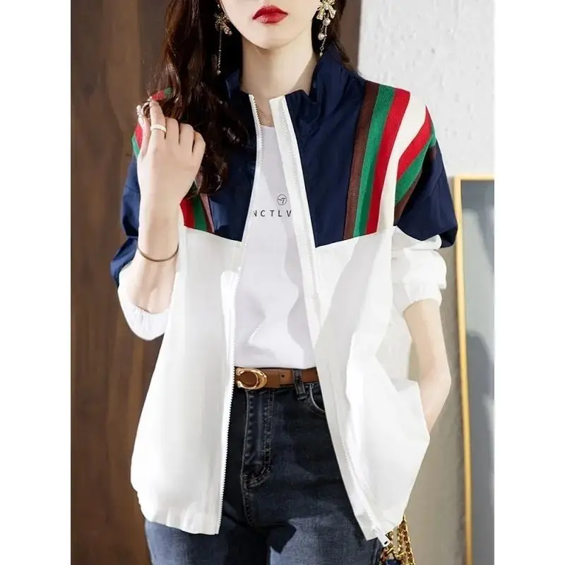 Korean Varsity Women Sunscreen Bomber Jacket Spring Summer Thin Striped Contrast Color Fashion Harajuku Loose Zipper Casual Coat