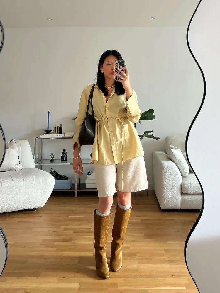 

Женская однотонная блузка с отложным воротником и завязками, элегантная, свободного кроя, А-силуэт, новинка весны 2026, универсальная, для повседневного образа