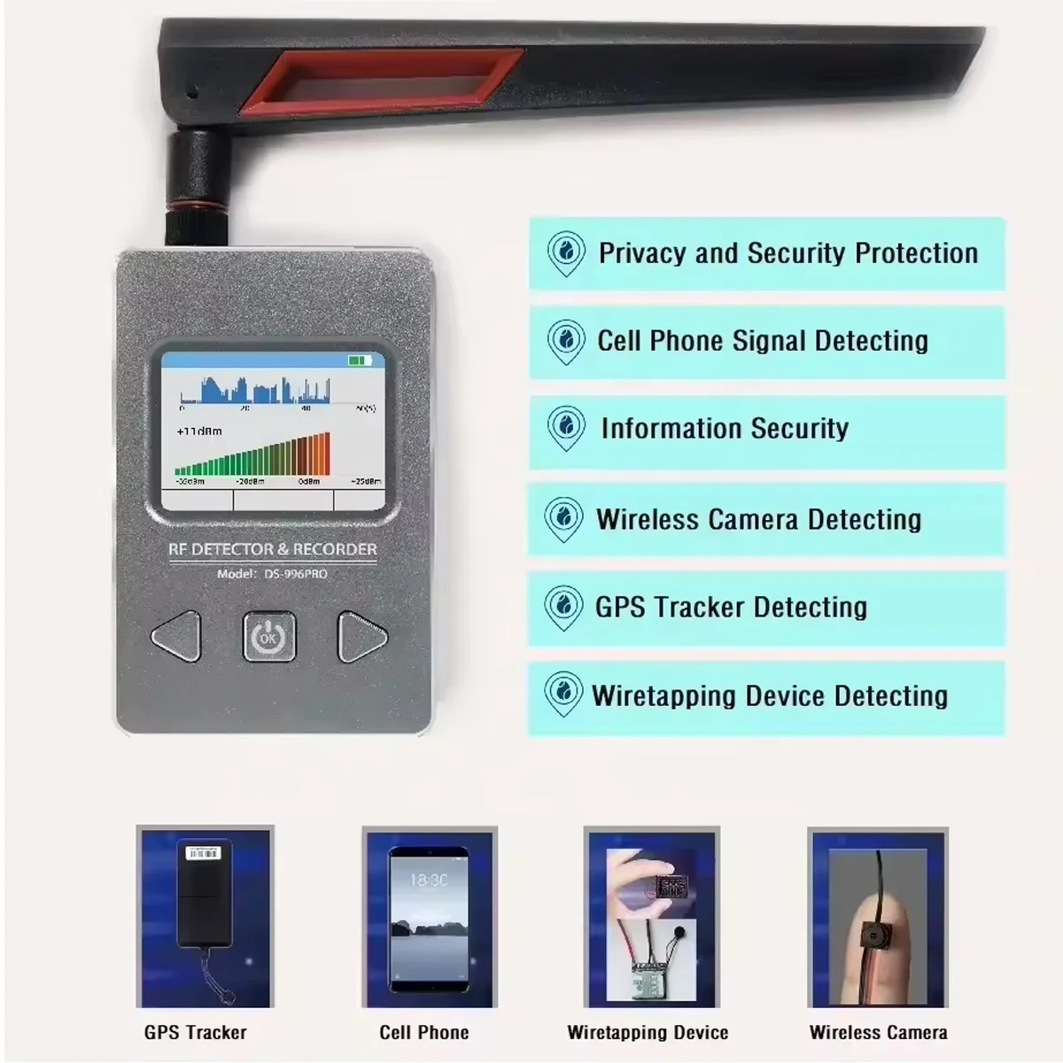 DS - 996PRO Rilevatore di segnale elettromagnetico, Proteggi contro la sorveglianza in vari scenari Rilevatore di telecamere wireless