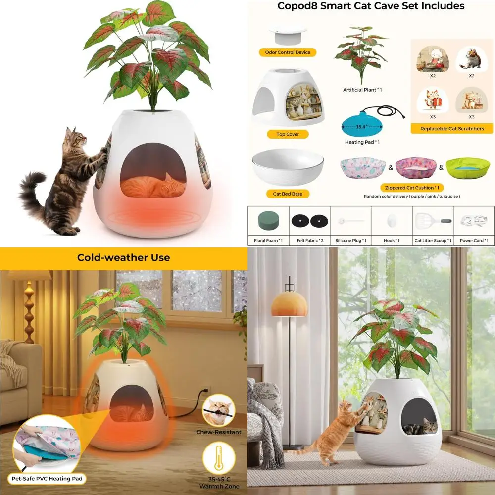 

4-in-1 Heated Cat Bed with Scratching Board, Warming Pad, and Air Purifier for Indoor Pets (White)