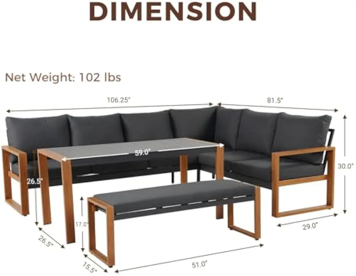 4-Piece Aluminum Patio Furniture Set, L Shaped Outdoor Sectional Couch with Dining Table and Bench, Modern Outdoor