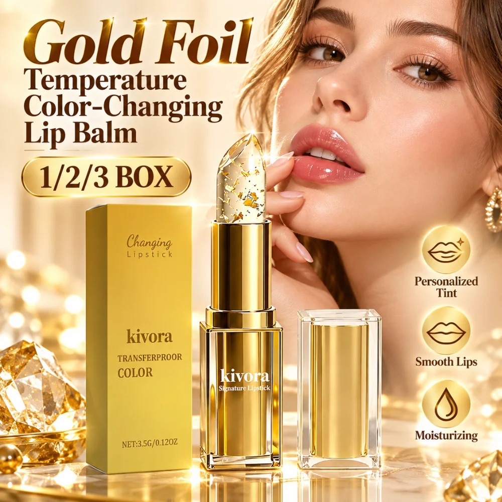3.5g Crystal Jelly Lipstick Gold Foil Color Changing Lip Balm Hydrating Non Sticky Temperature Reactive Natural Pink Tint Gloss