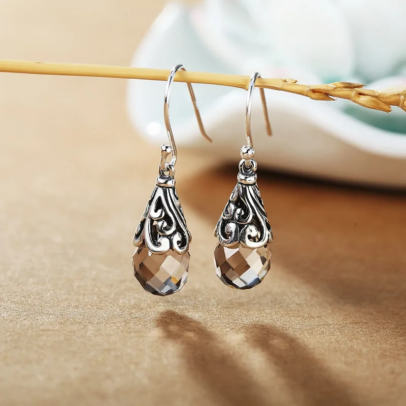 BOCAI 925 Sterling Silver Drop for Earrings for Women Retro Hollow Flowers Inlaid Tangent Plane Green Crystal Ear Drop  Jewelry