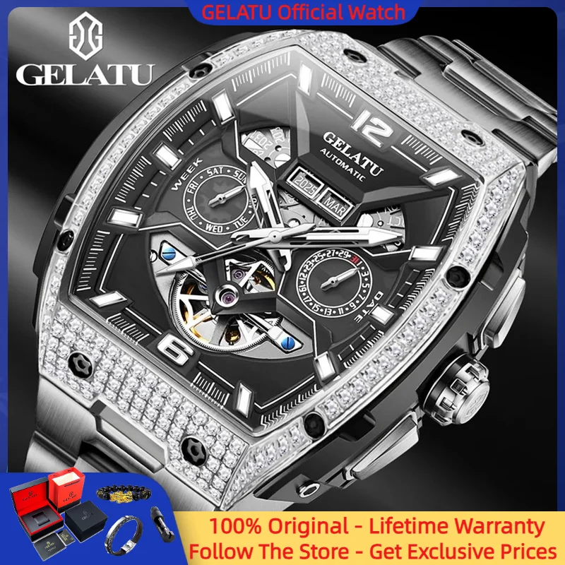 GELATU 6016 Men Hollow Mechanical Watch Automatic Date Tonneau Dial Sports Business Watch Men Luxury Original Watch Reloj Hombre
