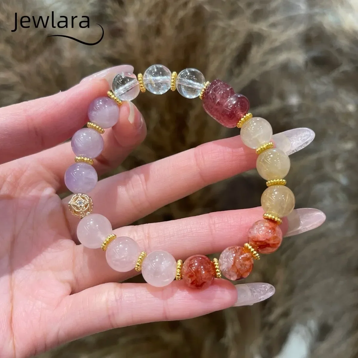 JEWLARA Jewelry Natural Red Glue Flower Blond Hair Crystal White Crystal Amethyst Multi-treasure Bracelet Pixiu Versatile Design