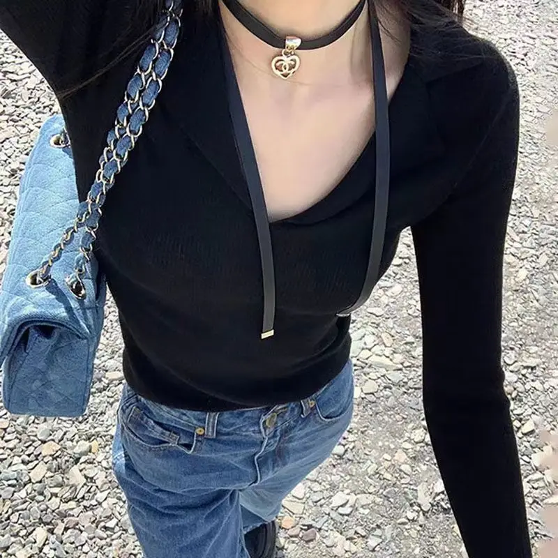 Deeptown Vintage Knit Sweater Women Korean Fashion Autumn Harajuku Long Sleeve V Neck Jumper Aesthetic Casual Pullover Gyaru