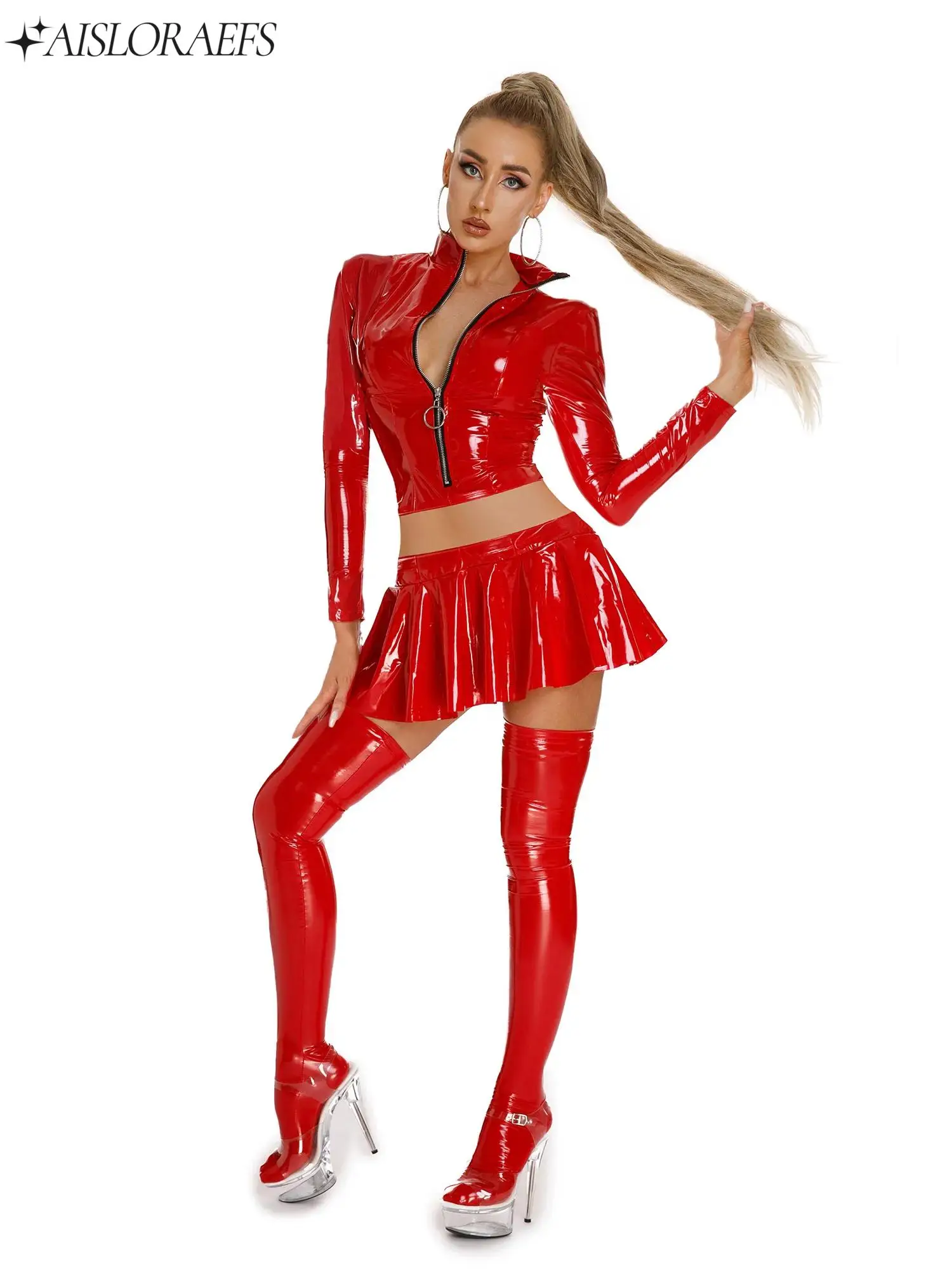 

Womens Glossy PU Party Clubwear Outfit Long Sleeve Front Zipper Crop Jacket And Pleated Miniskirt 2-piece Set for Dance Raves
