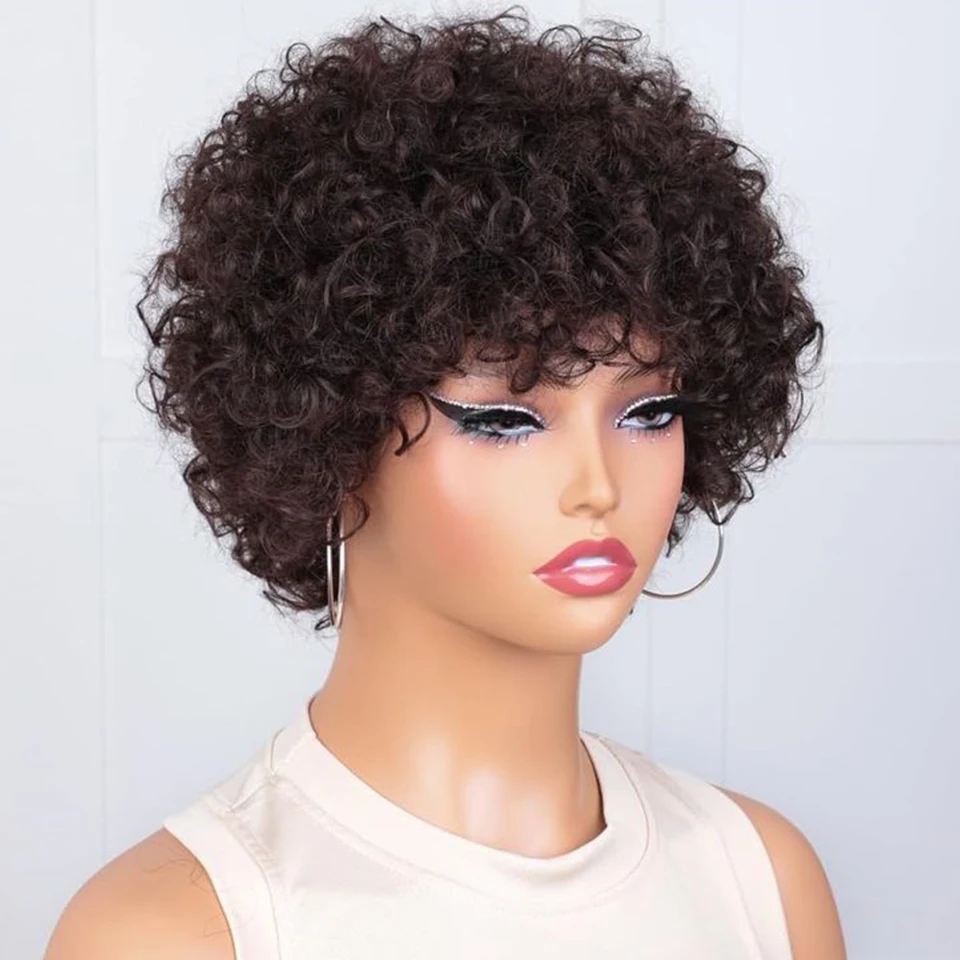 Peruvian Glueless Short Afro Curly Bob Human Hair Wigs With Bangs For Women Remy Hair Wear To Go Natural Brown Kinky Curly Wigs