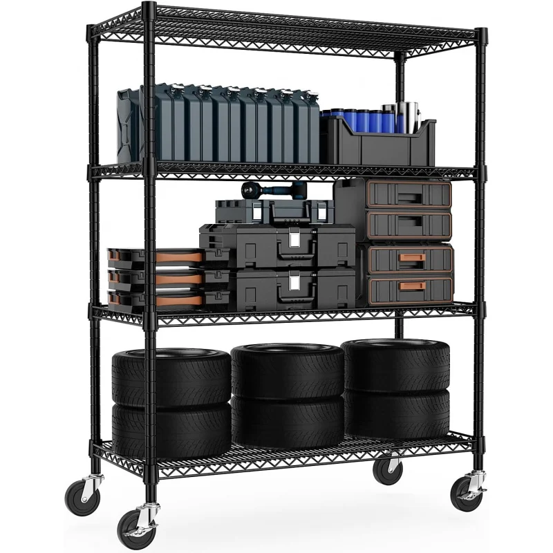 Heavy Duty 4 Tier Mobile Metal Shelving, 1760LBS Load Bearing Adjustable Wire Storage Shelves with Rolling Wheels, Black