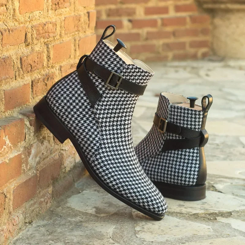 Ankle Boots for Men Business Plaid Buckle Strap Pu Leather Cowboy Boots Chelsea Boots Men