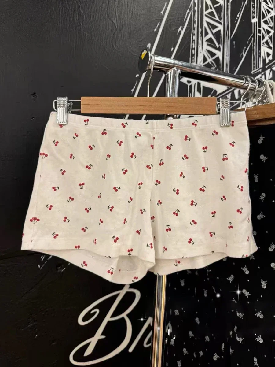 Women Cherry Print Eyelet Sweatshorts Summer Cotton High Waist Loose Straight Short Pants Vintage Cute Sweet Casual Home Shorts