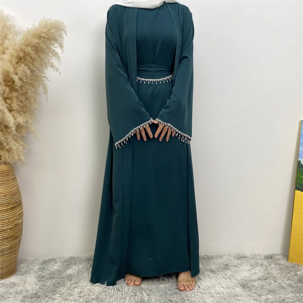 Dubai Abayas Muslim Set Sleeveless Sundress and Muslim Cardigan Long Robes Two-piece Muslim Open Abaya for Women Cardigan Dress