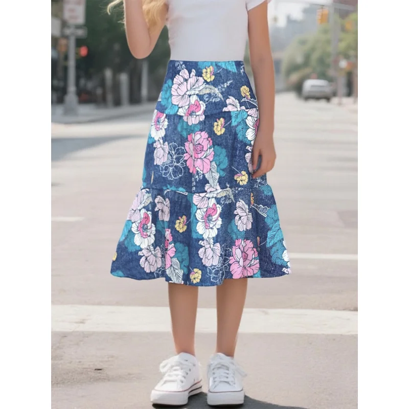2025 Girls' Retro Simulated Denim Floral Print Fishtail Half Skirt, Fresh and Sweet Mid-Length Playful Floral Dress
