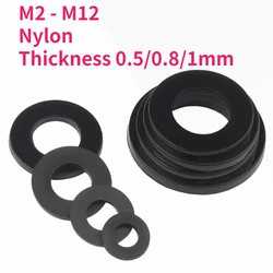 M2 M2.5 M3 M4 M5 M6 M8 M10 M12 Black Plastic Nylon Flat Washer Flat Gasket Screw Bolt Insulation Washer Thickness 0.5/0.8/1mm