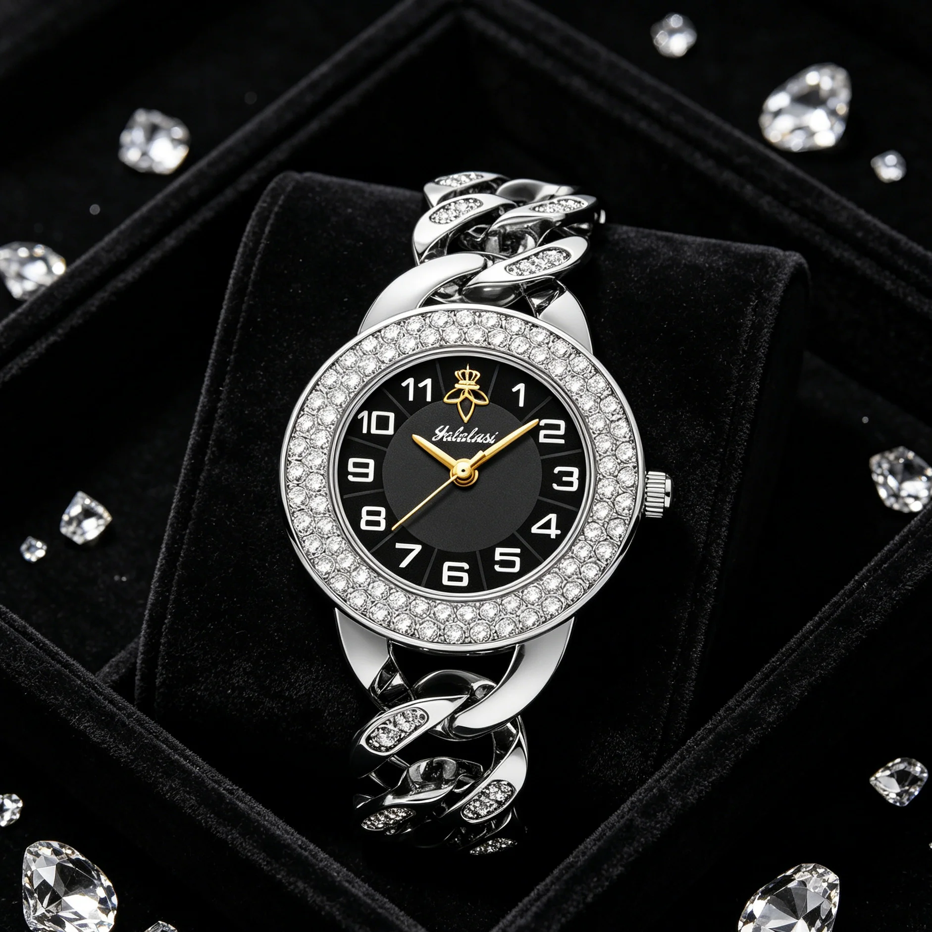 YaLaLuSi Bling Crystal Silver Women Quartz Watch YaLaLuSi Round Full Rhinestone Bezel Thick Cuban Link Chain Bracelet Black Dial Elegant Statement Jewelry Wrist Watch Gift for Her