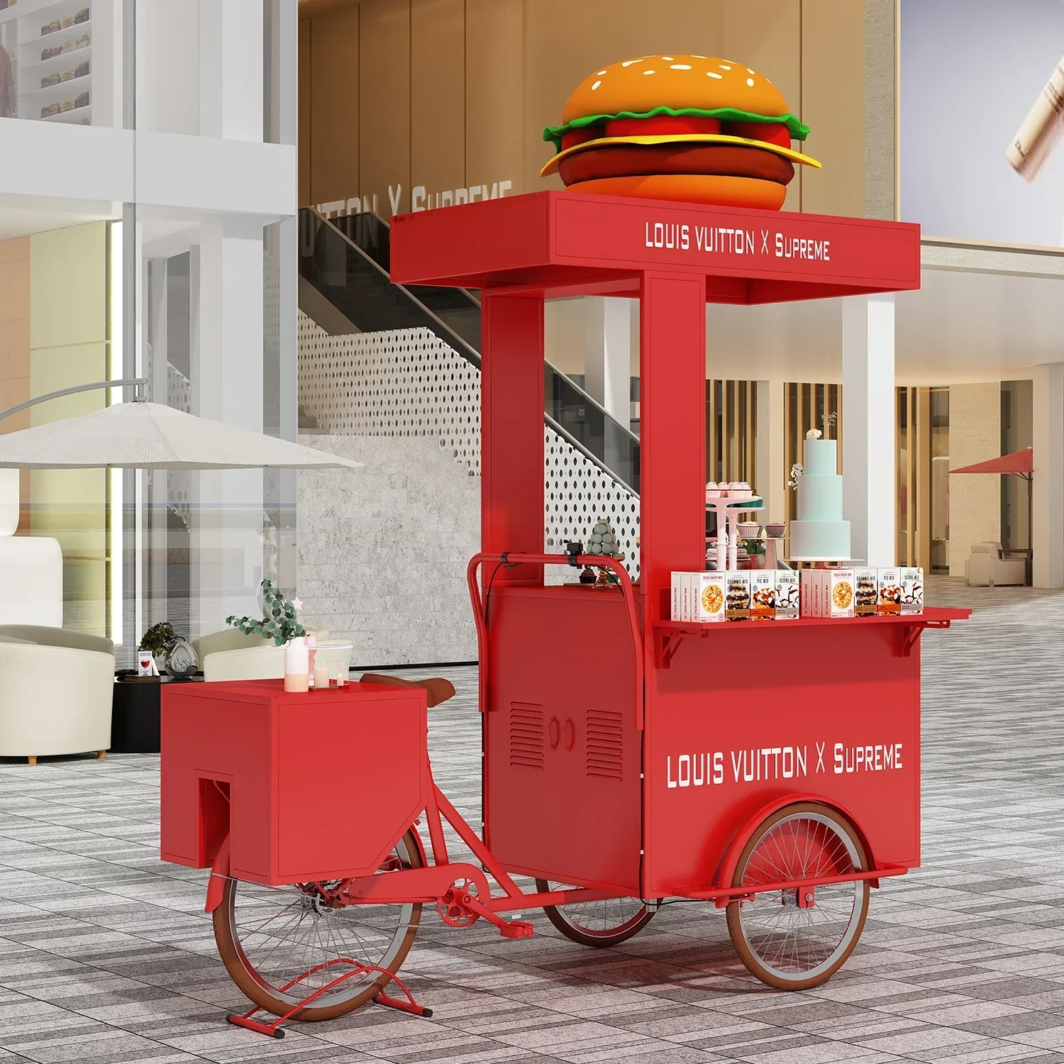 

Stock available Customized Creative Iron Three-Wheel Reverse Riding Mobile Snack Car Outdoor Float Display Stand