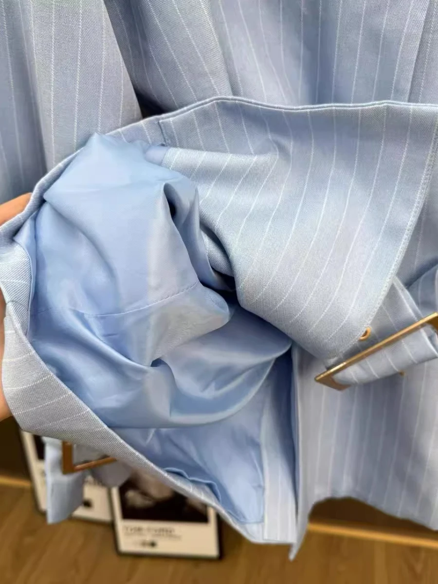 VGH مخطط مكتب المرقعة الزنانير معطف للنساء التلبيب كم طويل تقسم مزدوجة الصدر مزاجه السترة الإناث الخريف